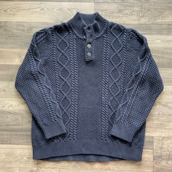 LL Bean Signature Cable Knit Fisherman Henley Sweater Men’s XXL Navy Blue 509426 - Picture 1 of 11